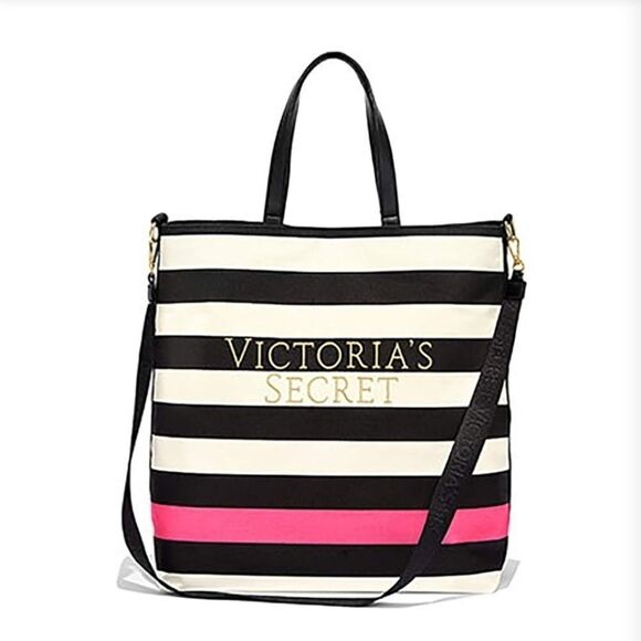 BRAND NEW VICTORIA SECRET WEEKENDER CANVAS STRIPED GOLD LOGO EMBROIDERY TOTE BAG - Picture 13 of 15